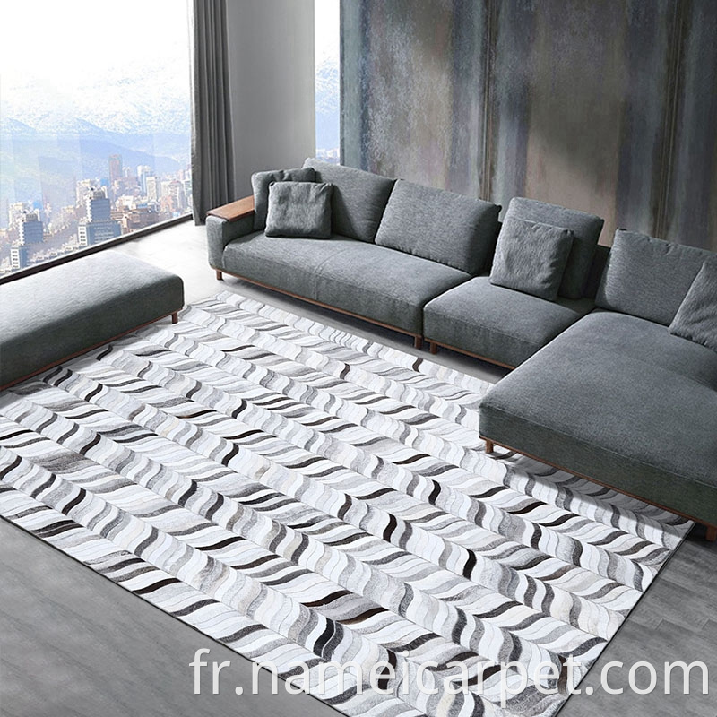 Home Hotel Grey Cowhide Patchwork Rectangle Shape Leather Floor Carpet Area Rugs